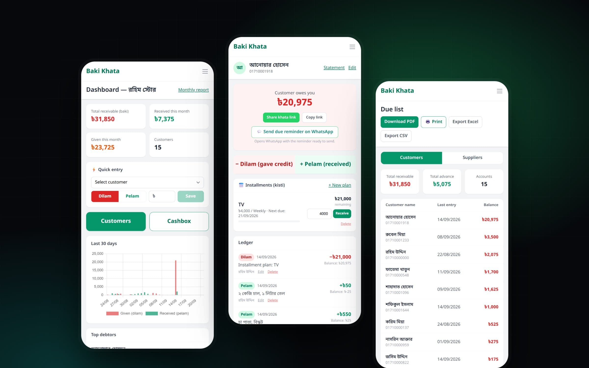 Baki Khata mobile screens: a shop dashboard, a customer's ledger and the due list