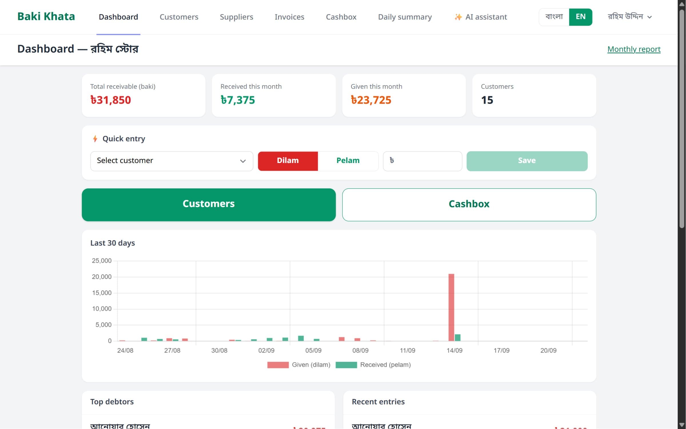 Baki Khata web dashboard with receivables, quick entry and a 30-day chart
