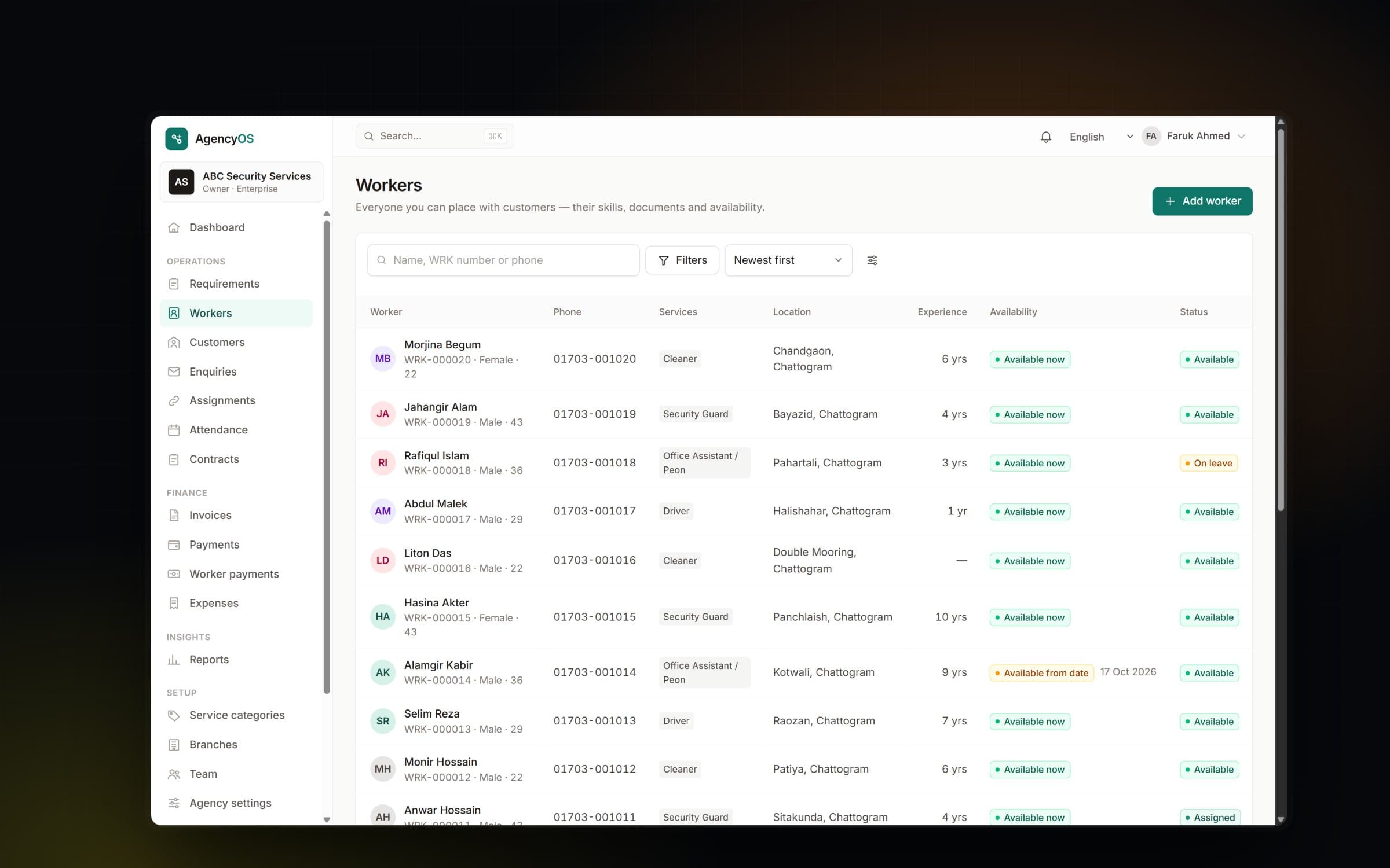 AgencyOS worker register showing skills, location, experience and availability for each worker