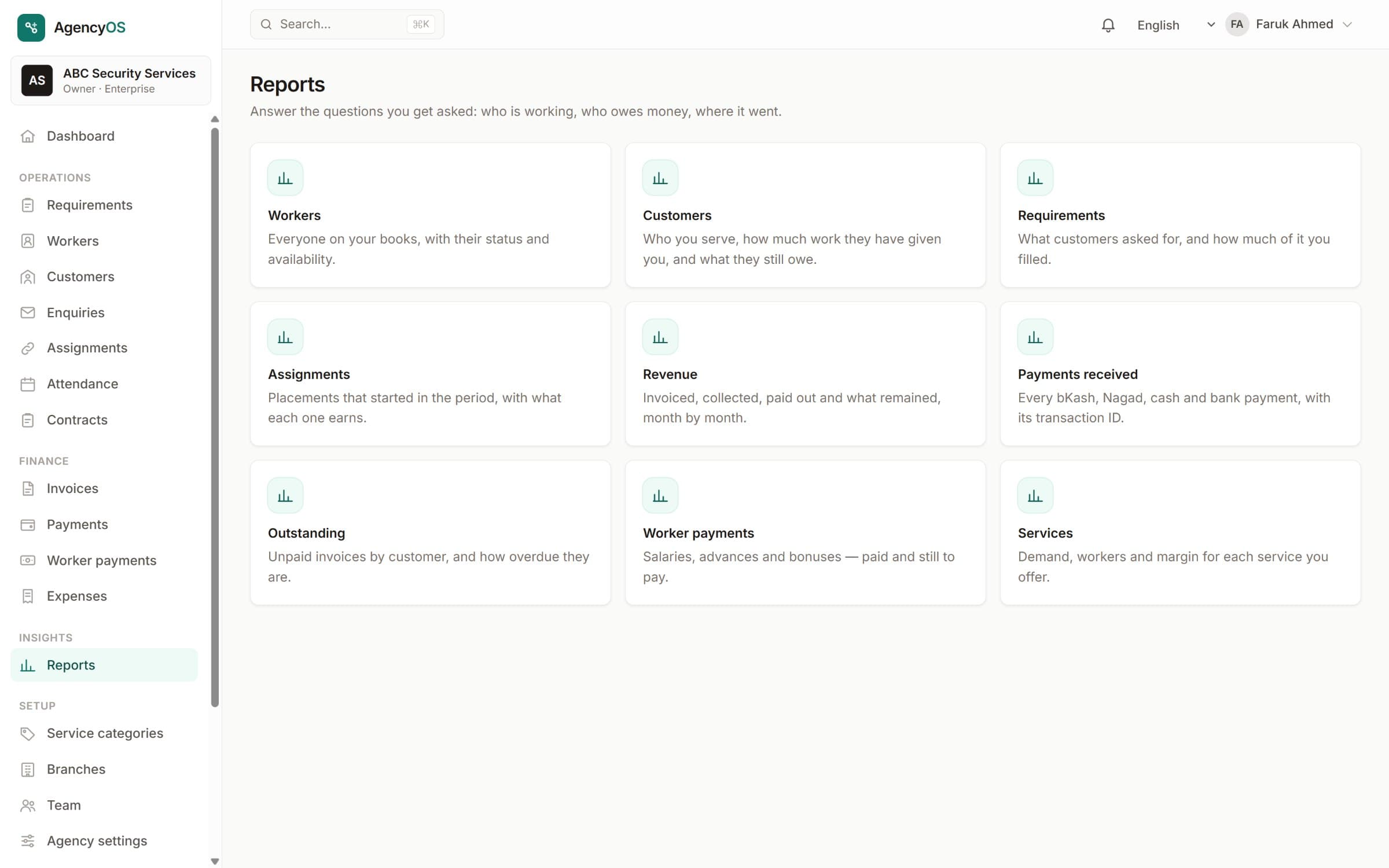 AgencyOS reports centre covering workers, customers, requirements, revenue and payments