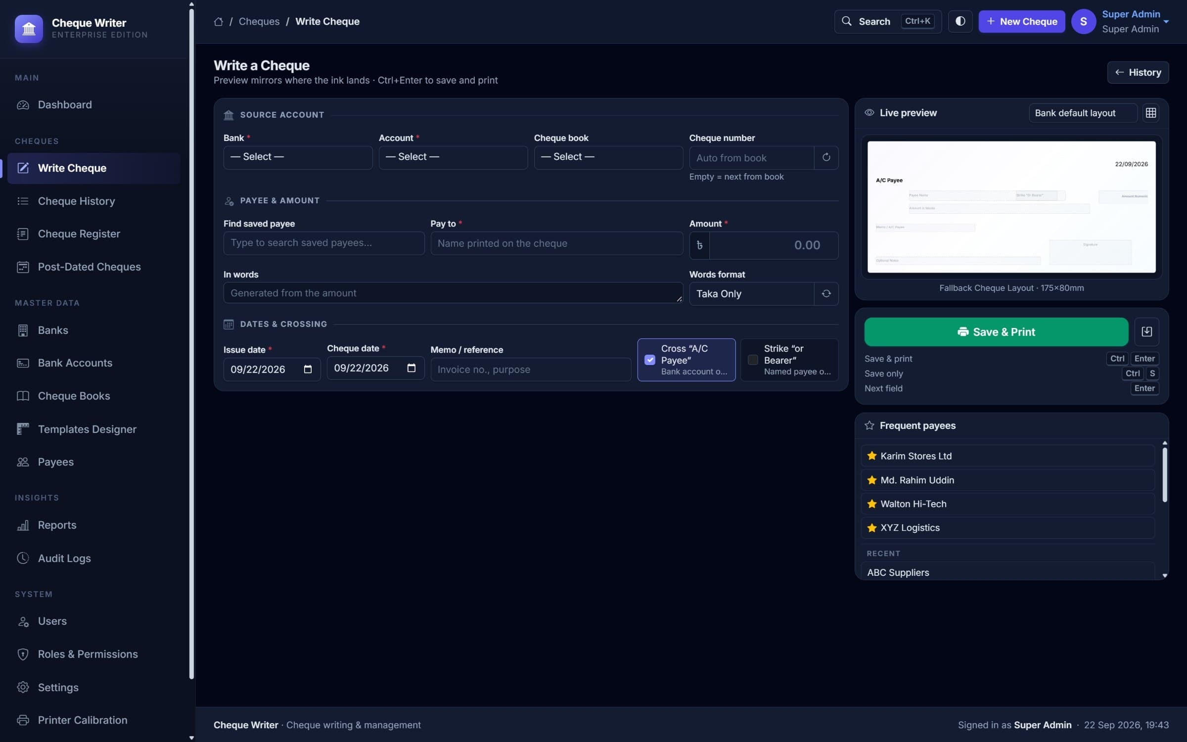 Write Cheque form with a live preview of the cheque