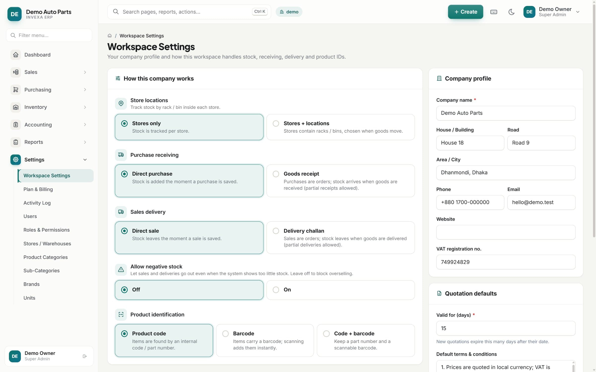 Invexa workspace settings for store locations, purchase receiving and sales delivery