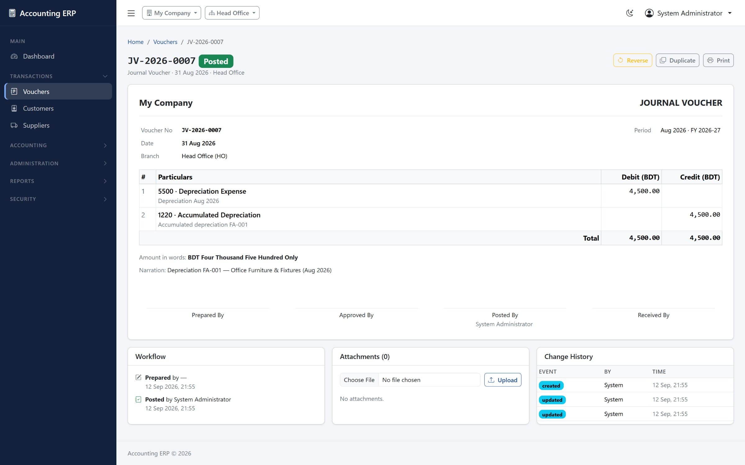 A posted journal voucher with its workflow, attachments and change history