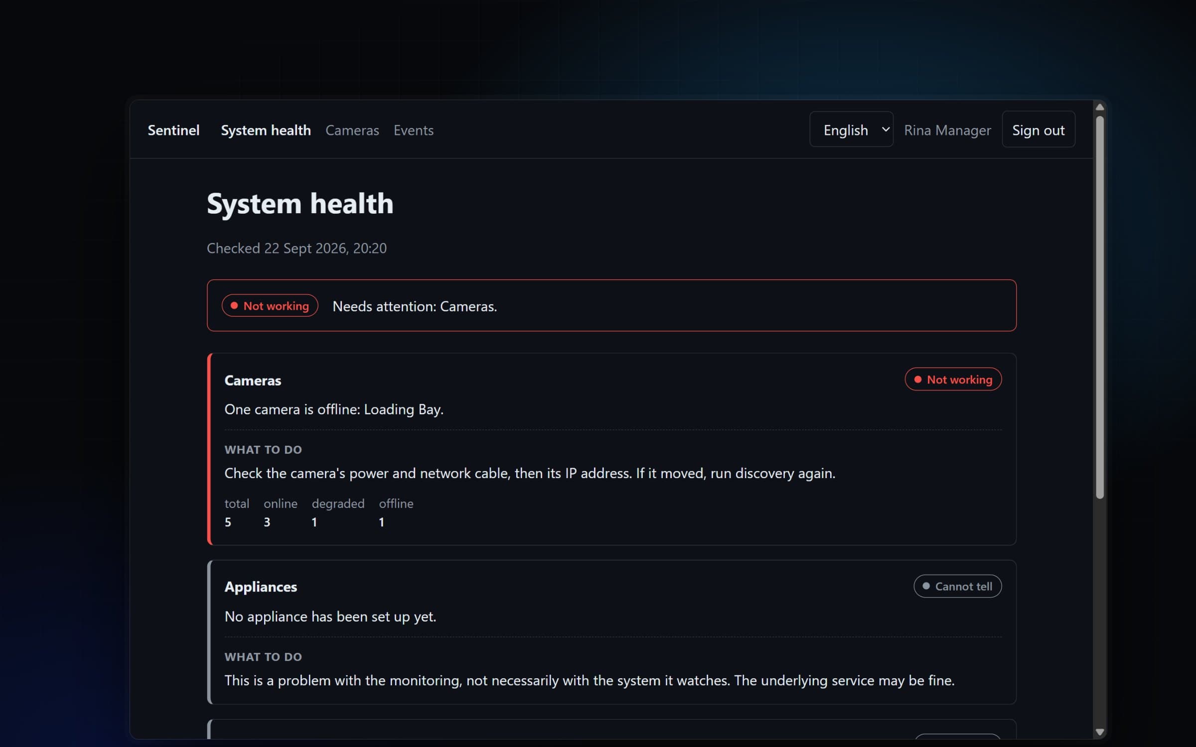 Sentinel System health page flagging an offline camera with plain-language guidance on what to do